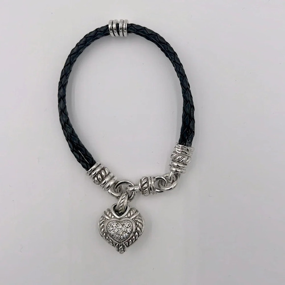 Judith Ripka Sterling Silver Braided Black Leather CZ Heart Charm Bracelet 7” - Picture 3 of 6
